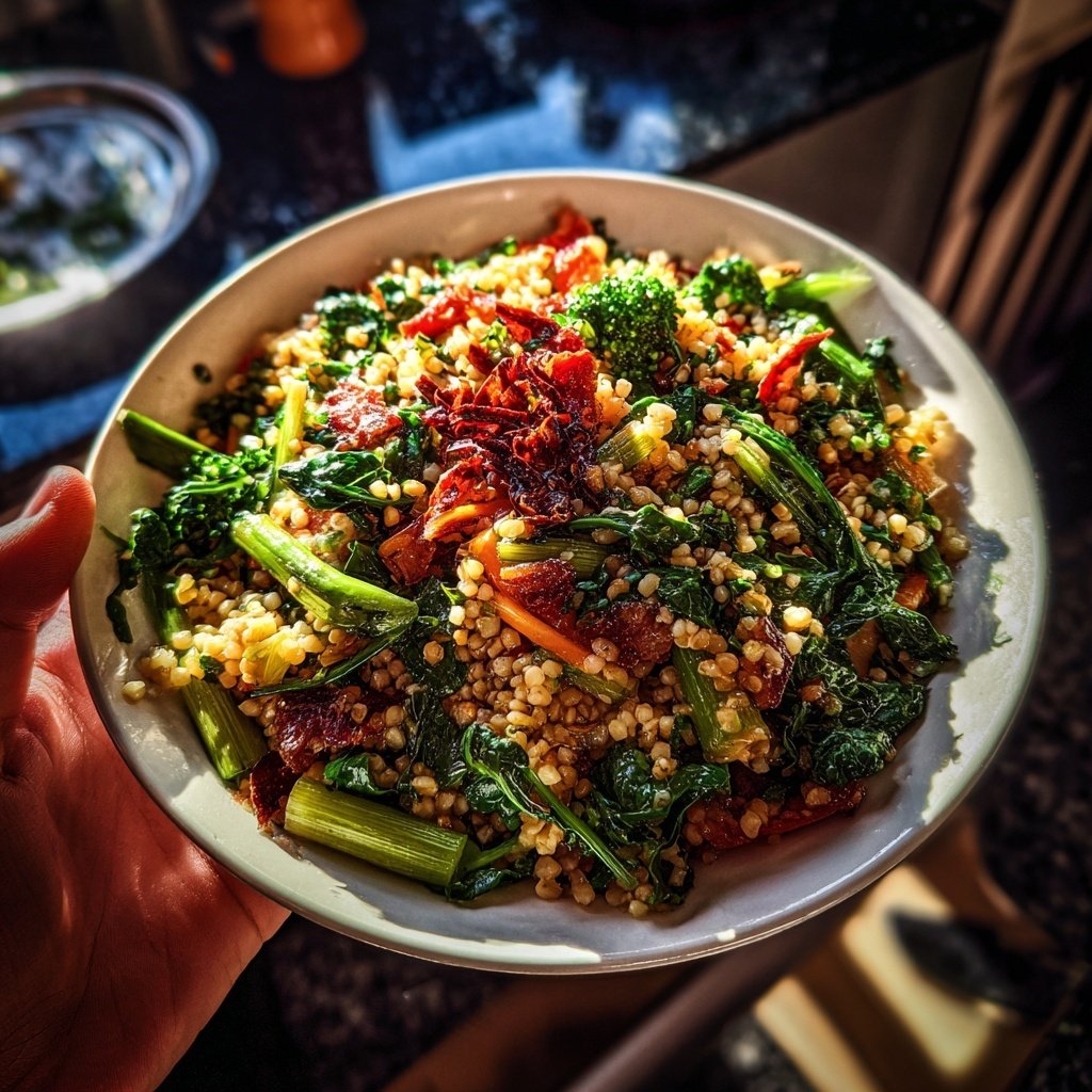 Mittagessen mit Gemüsepfanne und Reis