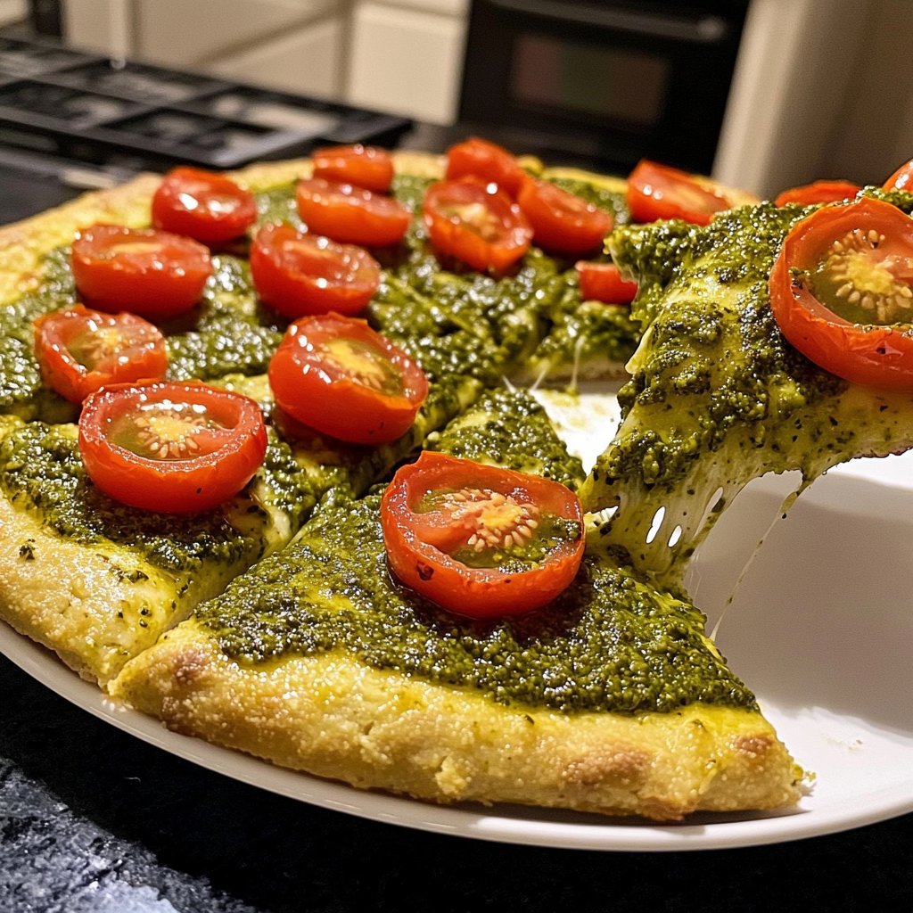 Pizza mit Pesto und Kirschtomaten